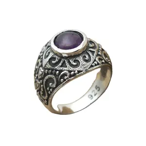 独特的复古925纯银雕刻天然紫色紫水晶石波西米亚可堆叠戒指女男手工永恒带
