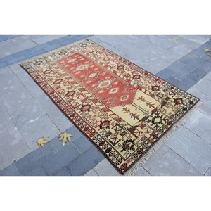 Alfombra de lana auténtica, color rojo y beige, 4,1x6,7 pies, estilo Kilim, área grande, alfombras rectangulares turcas, respaldo de látex para pasillo, 10mm de espesor - Product Image 2