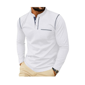 เสื้อลำลองแขนยาวของผู้ชายแบบกำหนดเอง | สไตล์เฮนลี่ย์คอจีนเย็บสีตัดกันและกระเป๋าด้านหน้า - Product Image 1
