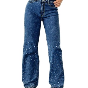 Jeans de Mujer de Cintura Alta con Pedrería, Pierna Ancha, Ajuste Holgado, Pantalones de Mezclilla Azul, Moda Casual Urbana - Product Image 1