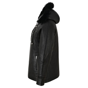 Mesdames Nouvelle veste en cuir au genou avec capuche détachable en fausse fourrure Doublure matelassée et respirante en nylon pour la saison d'hiver - Product Image 4