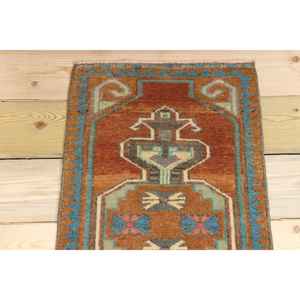 พรมตุรกีขนาดเล็ก 1.4x2.5 ฟุต สีน้ำตาล-น้ำเงินลายพราง ทำจากขนสัตว์ - Product Image 3