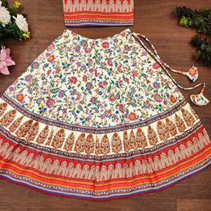 Ensemble Lehenga Choli Traditionnel pour Enfants Shoryam Fashion, Blanc Ajrakh, Longueur au Sol, Séchage Rapide, Tenue de Fête et de Mariage pour Filles | - Product Image 3