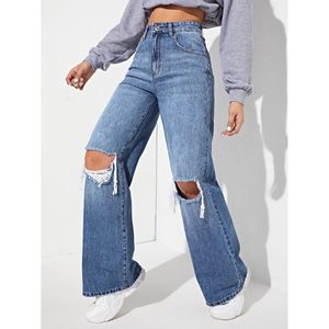 <b>Funky</b> Stylish Modern Denim Blue Womens Straight Leg High Waist Eco Friendly Breathable 100% Cotton Loose Fit Vintage Summer - Product Image 4