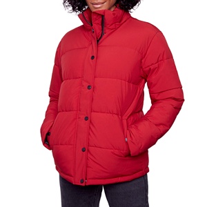 Chaqueta acolchada de algodón rojo para mujer, impermeable de invierno con capucha con botón y cierre de cremallera, característica a prueba de viento - Product Image 3