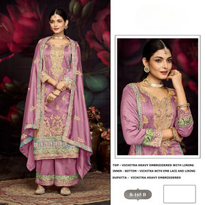 VICHITRA Salwar Kameez con Bordado Intenso y Forro, Diseño de Encaje en la Parte Inferior, Material de Seda, Secado Rápido, Estilo Fiesta, Para Todas las Estaciones - Product Image 3