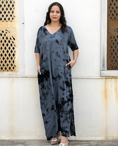 Breezy and Relaxed <b>Women</b> Summer <b>Beach</b> Tie Dye Long Kaftan Short Sleeves <b>Beach</b> <b>Women</b> Regular Size V Neck With Side Pockets Dress - Product Image 1
