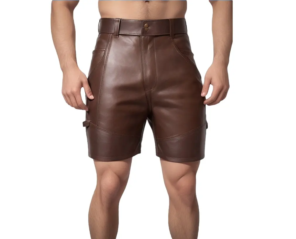 Pantalones cortos de cuero hechos a mano para hombre Pantalones cortos de motorista de cuero marrón de oveja real, pantalones cortos de cuero de verano ajustados para hombres de Naf Corporation