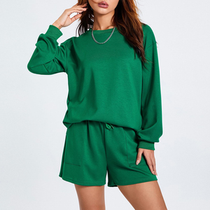 Ensemble deux pièces pour femme en molleton vert hiver, sweat-shirt court et short, coton molletonné, surdimensionné personnalisé, prix bas, OEM - Product Image 3