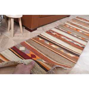 2.2x10 ft Turkish <b>Rug</b>, <b>Runner</b> Vintage <b>Rug</b>, Brown Check <b>Rug</b> - Product Image 2