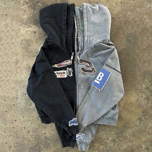 2025 baru modis OEM antik Kelim mentah berjumbai Distressed tambalan bordir cetak balap lapisan ganda Hoodie Denim pria - Product Image 3