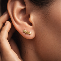 Pendientes Minimalistas de Oro Amarillo de 14K JJ BRAVO para Mujer, Diseño de Triple Estrella, Certificados, Regalo para Bodas y Fiestas