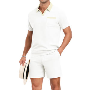 Ropa de calle de verano, conjunto corto de 2 piezas con logotipo personalizado para hombre, camiseta de manga corta con cuello alto de alta calidad, pantalones cortos, conjunto de talla grande para hombre - Product Image 1