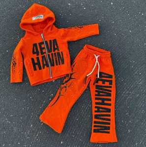 Conjunto de Sudadera con Capucha y Pantalones Acampanados con Cremallera para Niños, Talla Grande, Transpirable, con Logotipo Personalizado, Estilo Urbano, Hip Hop, Chándal de 2 Piezas - Product Image 1