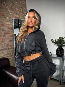 Top Trendiness Custom Thick Heavyweight <b>Zip</b> <b>up</b> Top and Flare Sweatpants Two Piece Set Tracksuit Acid Wash Crop <b>Hoodies</b> for Women - Product Image 6