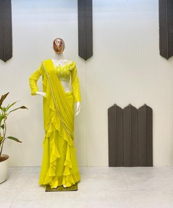 Salwar Kameez en lin couleur citron pour femmes, tenue de soirée, broderie, sequins, grande taille, prix de gros, vêtement ethnique - Product Image 1