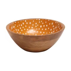Mango Wood Spotted Salad <b>Bowl</b> <b>Large</b> Handcrafted Ochre & White Interior <b>Serving</b> <b>Bowl</b> Natural Wooden <b>Bowl</b> - Product Image 1