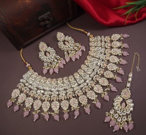 Latest Kundan Jewellery Traditional Gold Plated Kundan Studded & MotiPearl Jewellery <b>Set</b> With <b>Earrings</b> & Mangtika <b>Set</b> for Women - Product Image 1