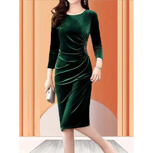 ชุดเดรสกำมะหยี่ยาวปานกลางแบบมีปก แขนยาว แต่งลายละเอียด รุ่น 37547 - สีเขียว - Product Image 4