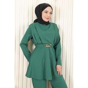 Ensemble décontracté 2 pièces avec ceinture chaîne et longueur midi 100% coton - Product Image 2