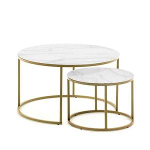 Ensemble de table à manger moderne pour l'extérieur et l'intérieur dessus en marbre doré comprenant de grandes et petites tables basses en acier inoxydable pour l'atelier de cuisine - Product Image 1