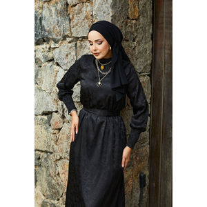 Vestido Jacquard en Línea A en Negro con Cinturón de Satén Desmontable y Mangas, Cintura Natural - Product Image 2