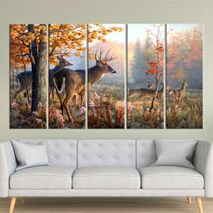 ภาพพิมพ์บนผ้าใบลายครอบครัวกวางในป่า: งานศิลปะติดผนังรูปสัตว์สุดหรูสำหรับตกแต่งห้องนั่งเล่น,5P:Gallery Wrapped - Product Image 1