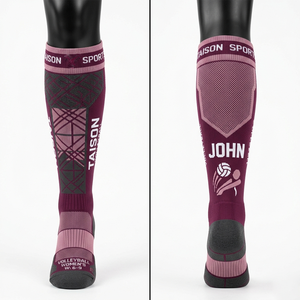 Calcetines de voleibol para mujer de nailon y spandex GSM premium, transpirables, con paneles de malla, color granate y rosa, tejido acolchado, logotipo personalizado, jacquard, calcetines para hombre - Product Image 1