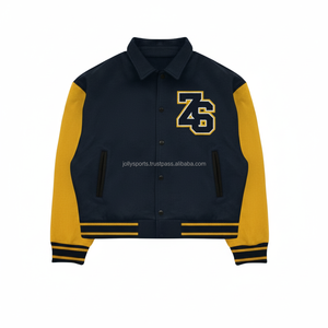 Veste universitaire en laine mélangée 450 GSM de haute qualité manches contrastées jaune marine Logo personnalisé Patch Chenille Varsity Jacket pour homme - Product Image 1