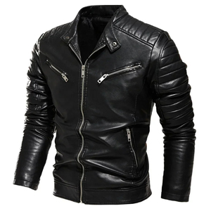 <b>Summer</b> Black PU Leather <b>Jacket</b> for <b>Men</b> Slim Street Fashion Biker Coat with Pleated Design Zipper Warm Fleece Motorcycle <b>Jacket</b> - Product Image 1