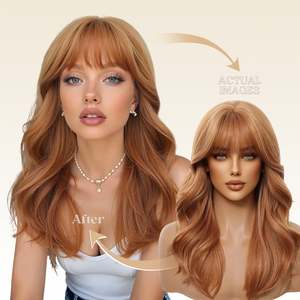 Perruque synthétique sans colle Rina-DWY de 18 pouces pour femmes, fabriquée à la machine, coiffure ondulée mi-longue, châtain foncé, frange droite, dentelle transparente - Product Image 2