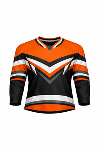 Jersey de Hockey sobre Hielo para Hombre, Rayas Naranja y Negras, Manga Tres Cuartos, Cuello en V, Absorbe la Humedad, Sublimado - Product Image 1