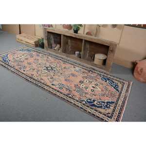 Traditional <b>Pink</b> Blue <b>Wool</b> Rug 3.5 X 10ft Vintage Turkish Large Area Rectangle Patchwork Abstract Latex for Hallway Use Room Rug - Product Image 3