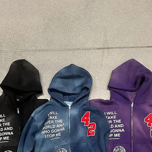 Sudaderas con Capucha y Cremallera para Hombre, 100% Algodón Tejido, Lavado Ácido, Efecto Desgastado por el Sol, con Parche de Chenilla y Pedrería Personalizada - Product Image 6