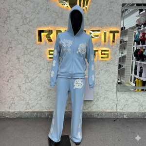 Conjunto de chándal azul con capucha y estampado blanco, sudadera con cremallera completa y pantalones, estilo streetwear para adultos - Product Image 6
