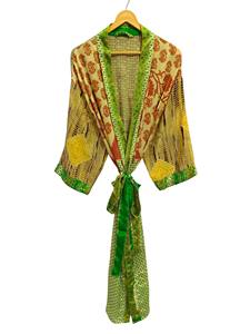 Bata Kimono de Seda Hecha a Mano, Vestido Floral Indio - Product Image 3