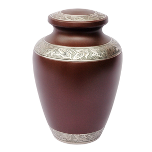 Urna de cremación marrón de estilo americano más vendida con banda grabada Ataúd de metal funerario de nuevo diseño para cenizas conmemorativas - Product Image 1