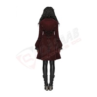 Manteau long vintage en velours bordeaux pour femme grande taille, style automne, avec garniture en dentelle, manches lanternes et double boutonnage