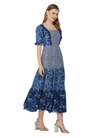 Robe midi décontractée pour femme Sati Factory, 100% coton, écologique, à fleurs, col carré, manches bouffantes, bleu et blanc, à volants