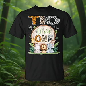 T-shirt promozionale per il primo compleanno di Tio of the Wild One, a tema safari, giungla e bosco - Product Image 3