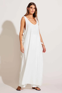 Bohemian Sweet <b>White</b> Cotton Eco-Friendly Beach Cover up Maxi <b>Dress</b> V Neck Side Tie Resort Wear - Product Image 4