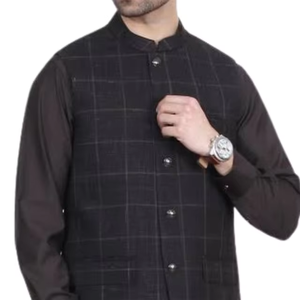 Elegante chaleco formal azul marino para hombre con cuello mandarín y patrón a cuadros perfecto para bodas y fiestas festivas - Product Image 3