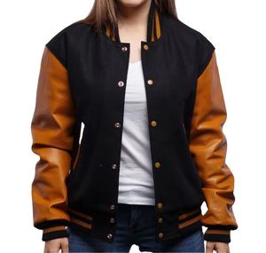 Veste universitaire classique en laine noire avec manches en cuir doré vieilli, col côtelé assorti, grande taille, personnalisable OEM, style Letterman - Product Image 1