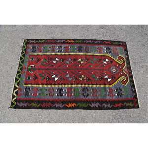 Ethnic Patchwork Wool <b>Rug</b> Red Gray Geometric Design 3.1 X 4.7 ft Rectangle Latex Backing for Living Room <b>Bedroom</b> Decoration - Product Image 3