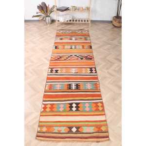 Vintage Turkish Rug, 3x10.5 ft <b>Runner</b> Rug, Orange <b>Green</b> Floral Wool Rug - Product Image 1