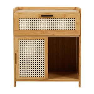 Mesita de noche de madera rústica con cajón y puerta corredera Mesita de noche de ratán para decoración de dormitorio moderna ecológica - Product Image 3