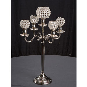 Candelabro de aluminio y Metal con acabado plateado, bola de cristal de 5 brazos, soporte de vela, tamaño personalizado para decoración de mesa de boda - Product Image 1
