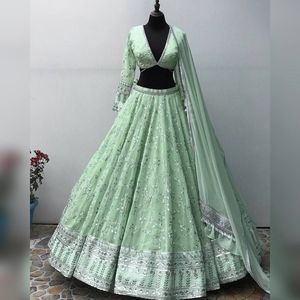 Vêtements Ethniques Fête Malai Satin Broderie Travail Lehenga Choli Avec Dupatta Achats en ligne Inde Traditionnel Lehengas - Product Image 5