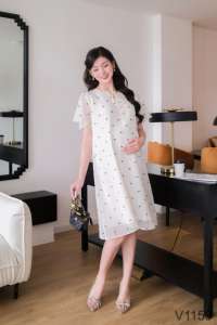 Robe de maternité d'été confortable en mousseline de soie brodée douce et pratique Design V1159-Straight floral non décoloré - Product Image 3