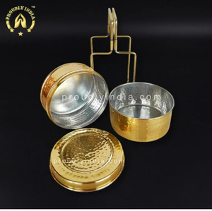 Maravilloso diseño de forma redonda de cobre latón Picnic Tiffin Box con asa al por mayor contenedor de almuerzo para uso diario - Product Image 1